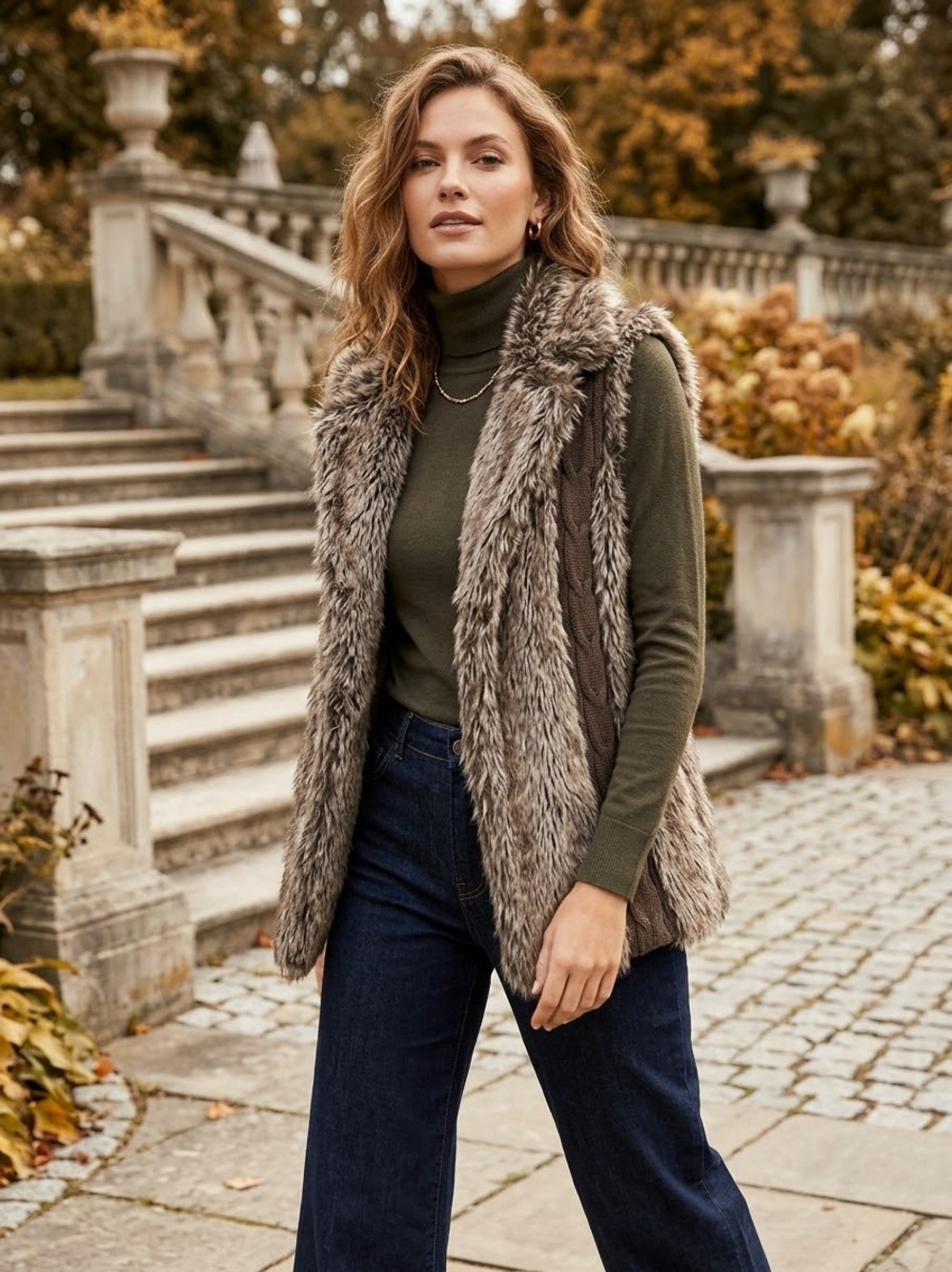 XOXO Taupe Faux Fur Vest with Knit Side Panels